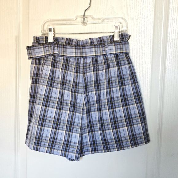 Women's Blue Plaid Paper Bag Shorts High Waisted Belt Pockets size Small - Picture 2 of 8